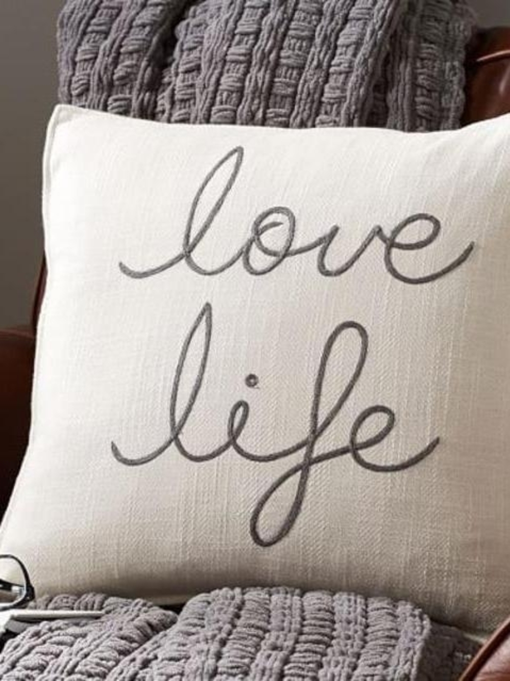 POTTERY BARN LOVE LIFE EMBROIDERED PILLOW COVER, 18" X 18"